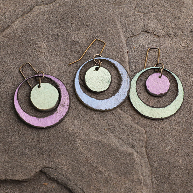 lightweight hypoallergenic circle metallic painted rawhide dangle earrings, handmade in Wyoming