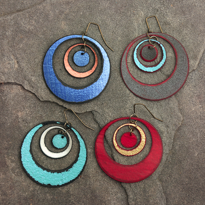 lightweight hypoallergenic circle metallic painted rawhide dangle earrings, handmade in Wyoming