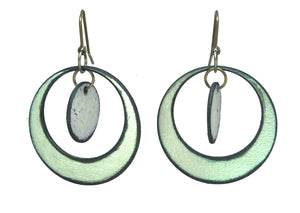 Open image in slideshow, lightweight hypoallergenic rectangle metallic painted rawhide dangle earrings, handmade in Wyoming, green
