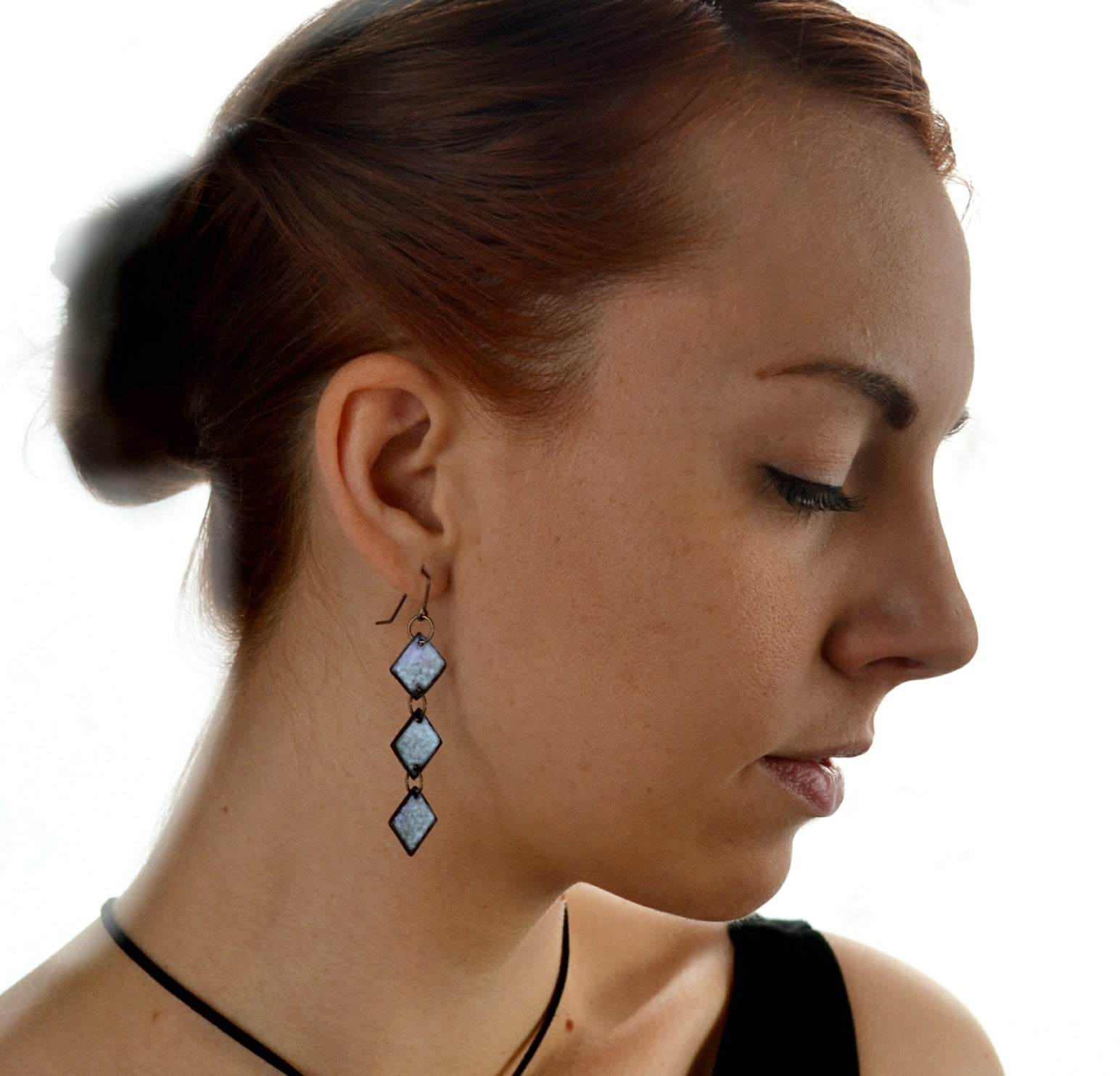 lightweight hypoallergenic diamond geometric metallic painted rawhide dangle earrings, handmade in Wyoming
