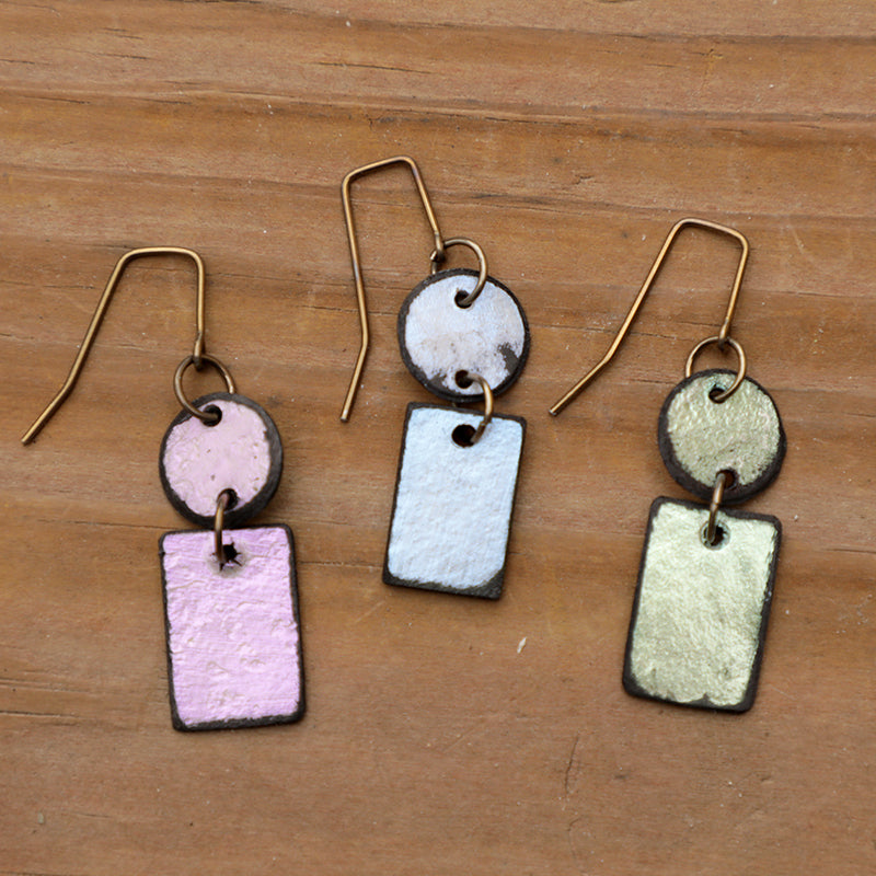 lightweight hypoallergenic circle rectangle geometric metallic painted rawhide dangle earrings, handmade in Wyoming