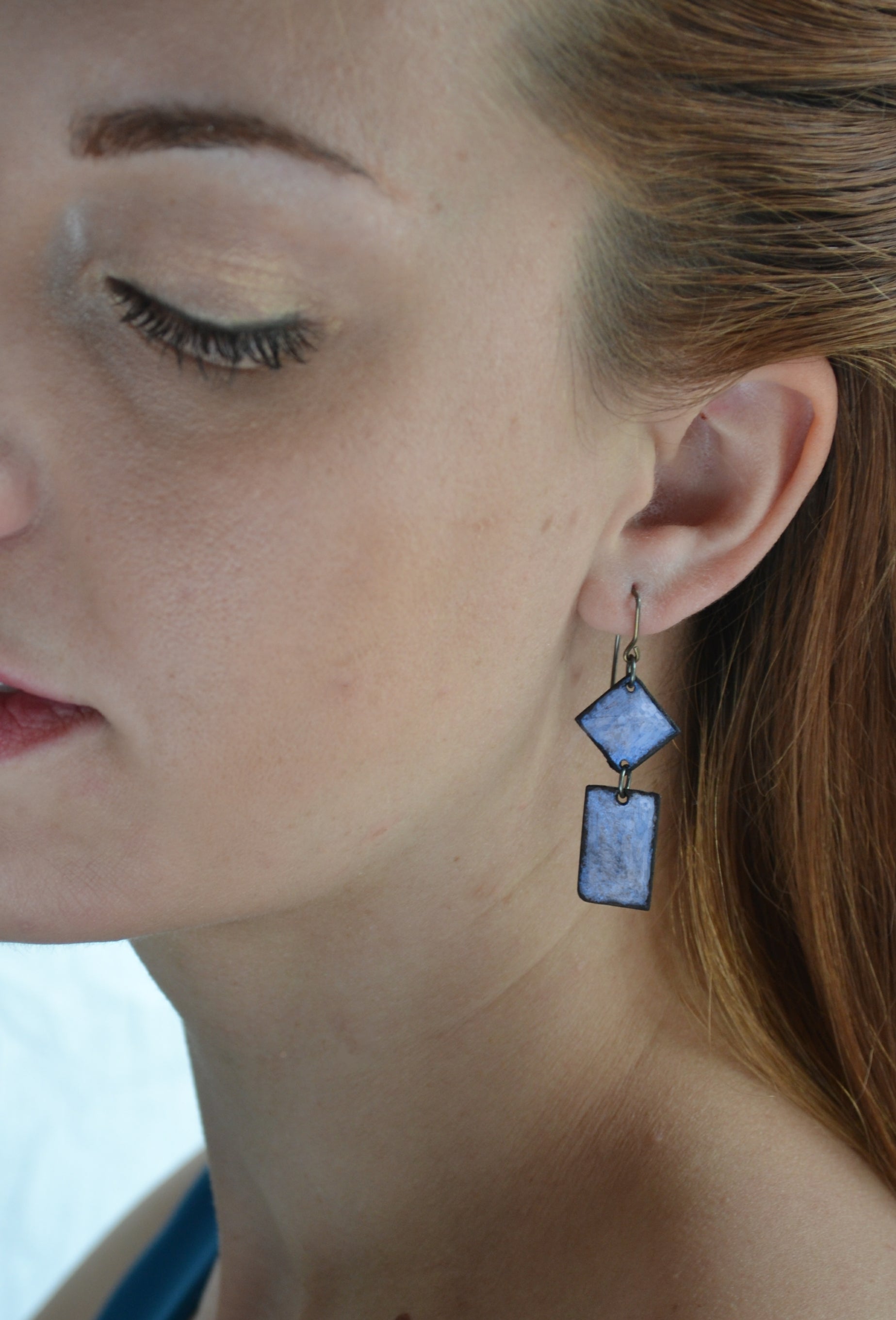 lightweight hypoallergenic diamond rectangle geometric metallic painted rawhide dangle earrings, handmade in Wyoming, blue