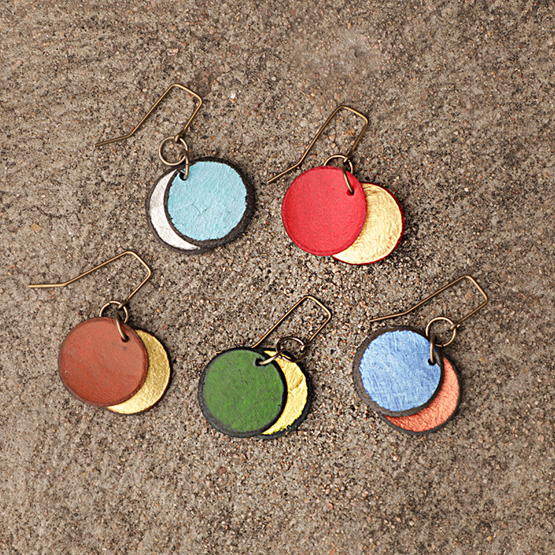 lightweight hypoallergenic circle metallic painted rawhide dangle earrings, handmade in Wyoming