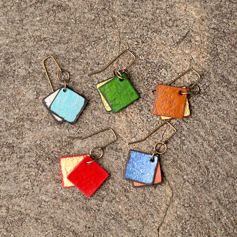 lightweight hypoallergenic diamond geometric metallic painted rawhide dangle earrings, handmade in Wyoming