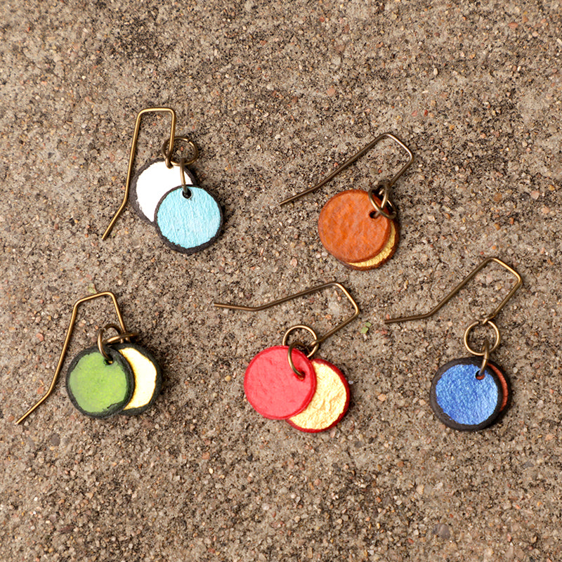lightweight hypoallergenic circle geometric metallic painted rawhide dangle earrings, handmade in Wyoming