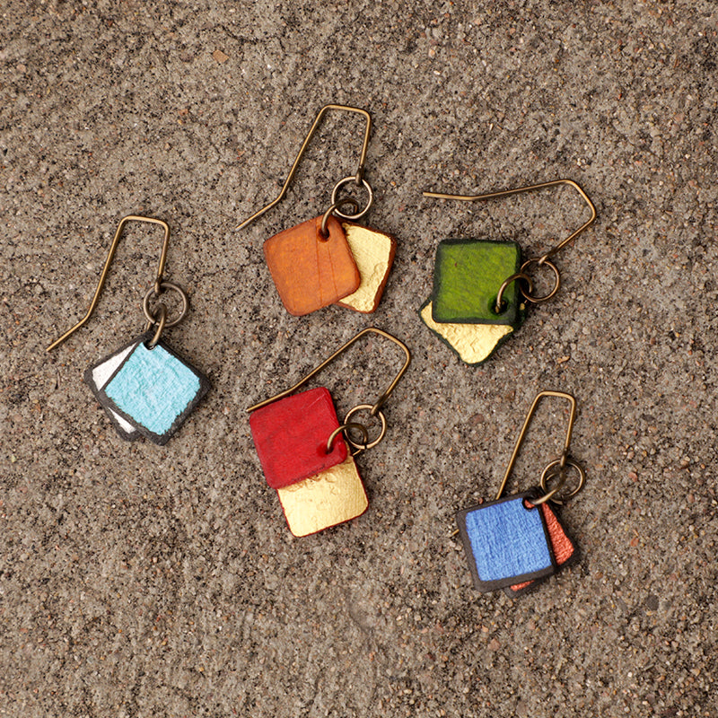 lightweight hypoallergenic diamond geometric metallic painted rawhide dangle earrings, handmade in Wyoming