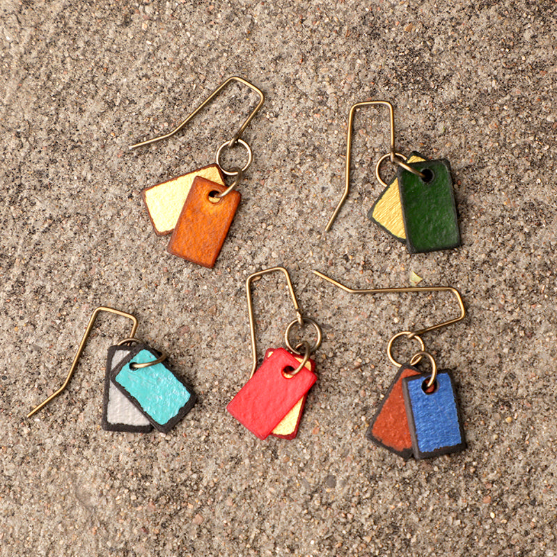lightweight hypoallergenic rectangle geometric metallic painted rawhide dangle earrings, handmade in Wyoming