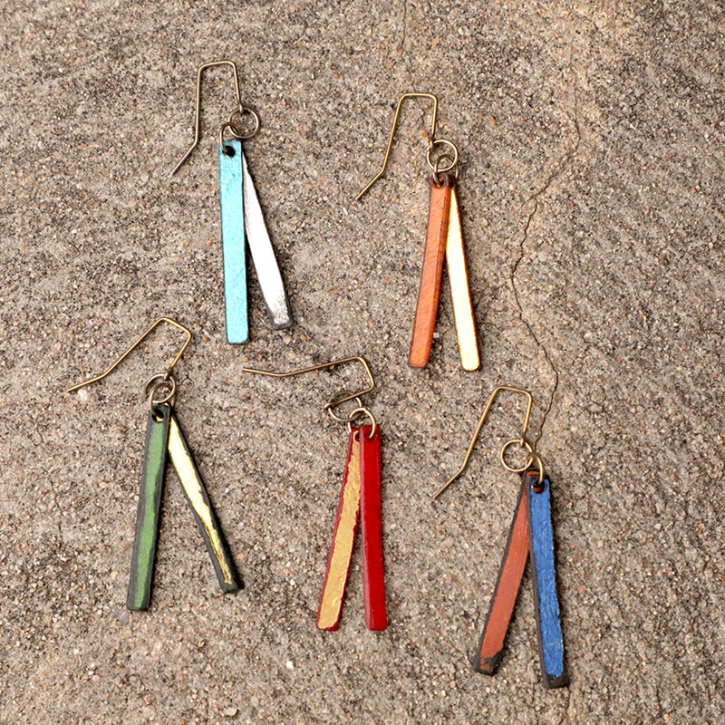 lightweight hypoallergenic rectangle metallic painted rawhide dangle earrings, handmade in Wyoming