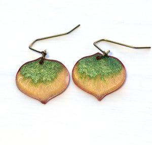 Open image in slideshow, Small green Aspen leaf earrings on white back ground

