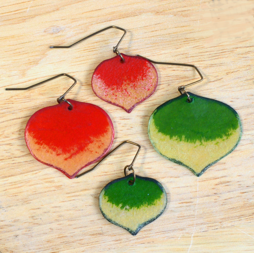 Earrings shaped like Aspen leaves. Available in red or green and medium or small 
