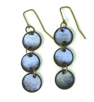 Open image in slideshow, lightweight hypoallergenic circle geometric metallic painted rawhide dangle earrings, handmade in Wyoming, blue
