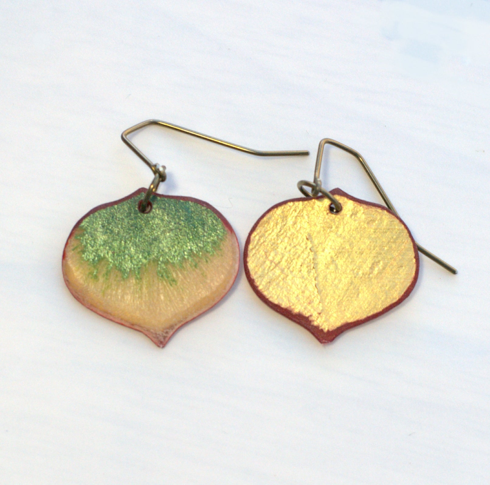 Front and back of small green Aspen leaf earrings