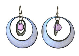 Open image in slideshow, lightweight hypoallergenic rectangle geometric metallic painted rawhide dangle earrings, handmade in Wyoming, blue and purple violet
