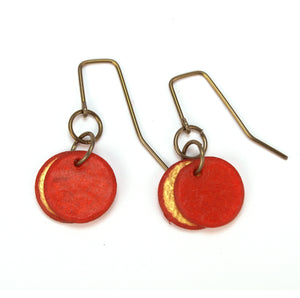 Open image in slideshow, lightweight hypoallergenic rectangle circle geometric metallic painted rawhide dangle earrings, handmade in Wyoming, ruby red and gold

