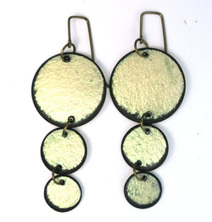 Open image in slideshow, lightweight hypoallergenic circle geometric metallic painted rawhide dangle earrings, handmade in Wyoming, green

