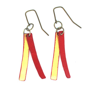 Open image in slideshow, lightweight hypoallergenic rectangle metallic painted rawhide dangle earrings, handmade in Wyoming, red and gold
